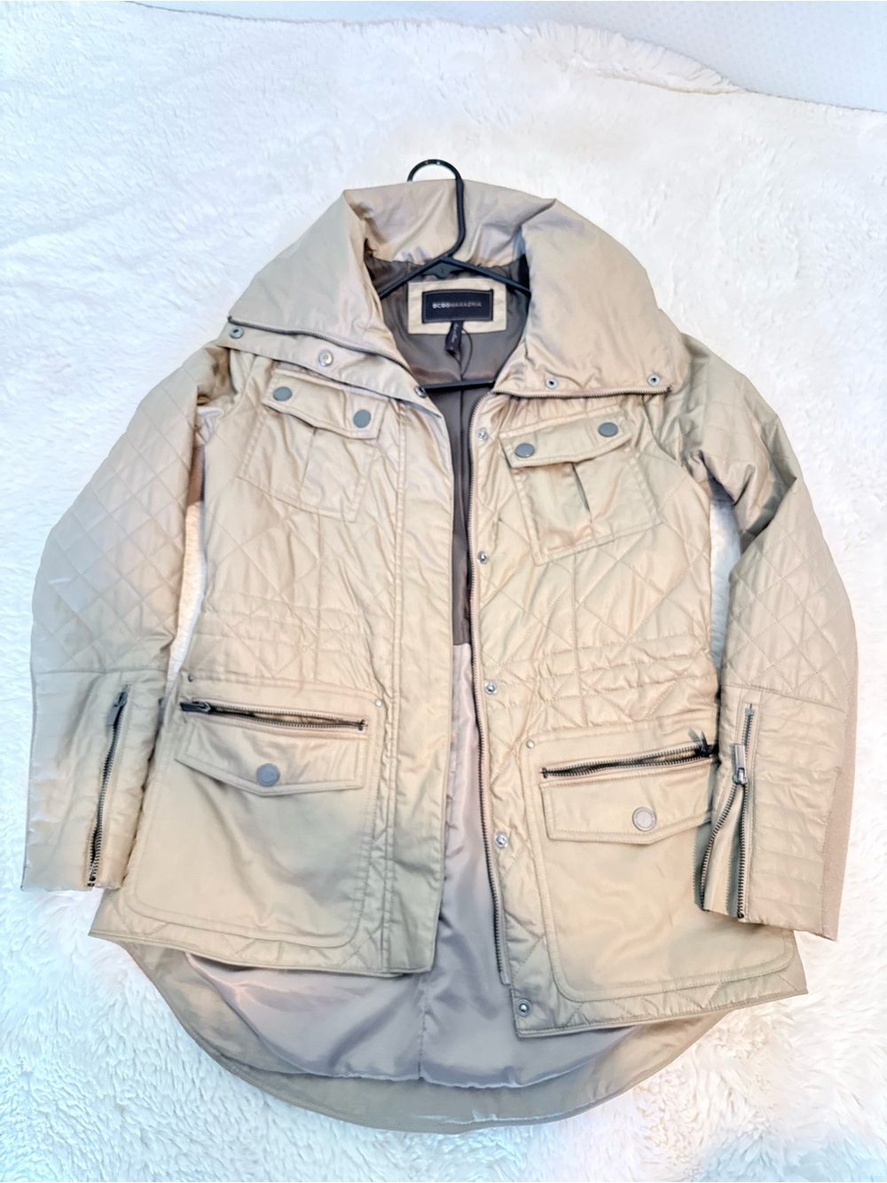 BCBGMAXAZRIA Taupe Quilted Longline Puffer Parka Cowl Hood Jacket size small